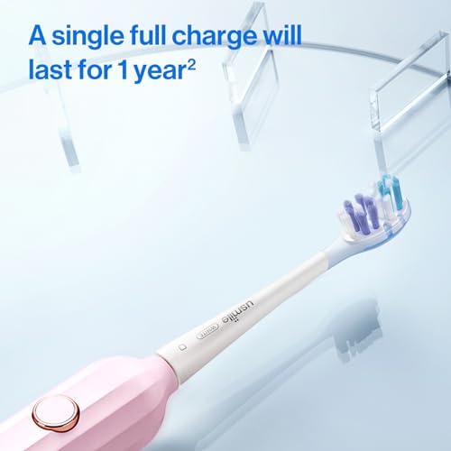 usmile Electric Toothbrush Pink with Pressure Sensor, Sonic Toothbrush for Teeth Whitening, Electric Toothbrush with Timer, Travel Toothbrush Electric with 2 Replacement Brushes and 365 Days Battery