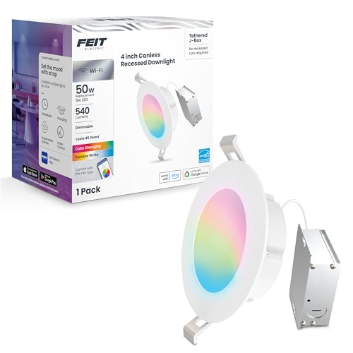 Image of Feit Electric 4 inch Smart WiFi Recessed Downlight with J-Box, Color Changing RGBW + Tunable White, Compatible with Alexa, Google Assistant & Siri, Dimmable LED Ceiling Light,LEDR4XT /RGBW /CA /AG