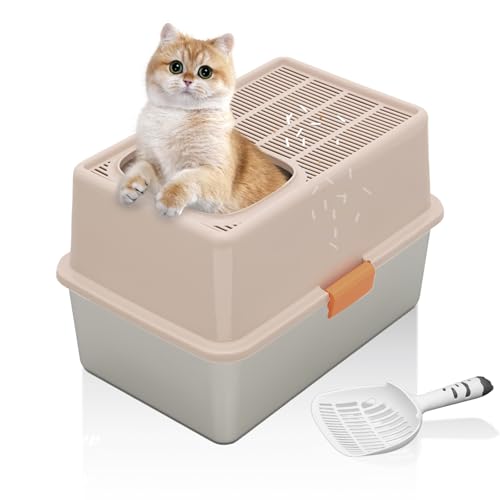 MEEXPAWS Stainless Steel Cat Litter Box Top Entry XL Large with Lid, 8'' High Side Metal Cat Litter Box for Big Cats, Top Cover with Slot, Non-Stick, Easy Clean, Include Litter Scoop