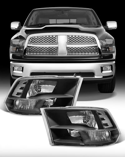 for 2009-2018 Dodge Ram Headlight Assembly compatible with 2009-2018 Ram 1500/2010-2018 Ram 2500 3500/2019-2021 Ram 1500 Classic, Black Housing Clear Reflector Headlamp Replacement