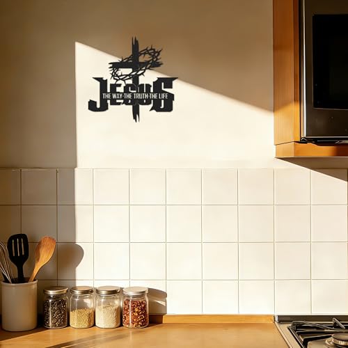JEWLOVE Thorned Cross with Jesus Metal Wall Art, Christian Cross Wall Decor, Religious Home & Church Sign, Black Metal Scripture Art, 11.8\" x 11.2\"