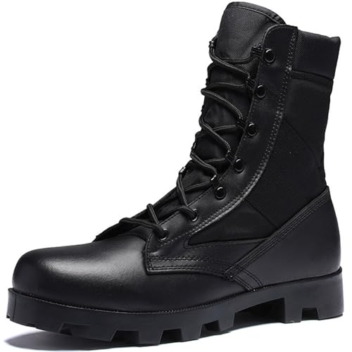 MELGONMG Men'S Leather Lug Sole Dress Combat Boots Fashion Lace-Up Comfortable Low Heel Non Slip Platform Mid Calf Motorcycle Boots (Black,8)