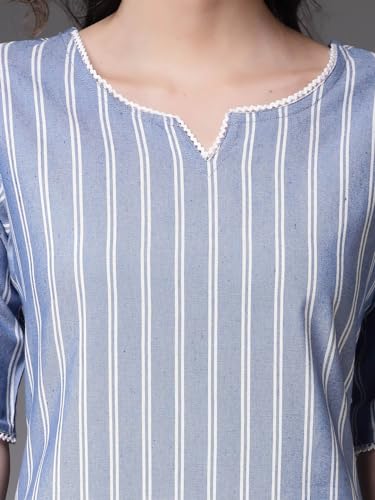 Image of Stylum Women's Woven Striped Cotton Blend Straight Kurta Pant Set (KPXHOORBLUE Blue)