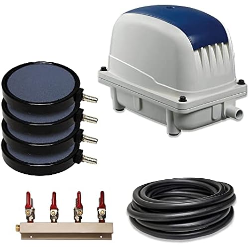 5.3 CFM Pond Aeration System, 50 Ft Weighted Tubing, Four 8 in Diffusers