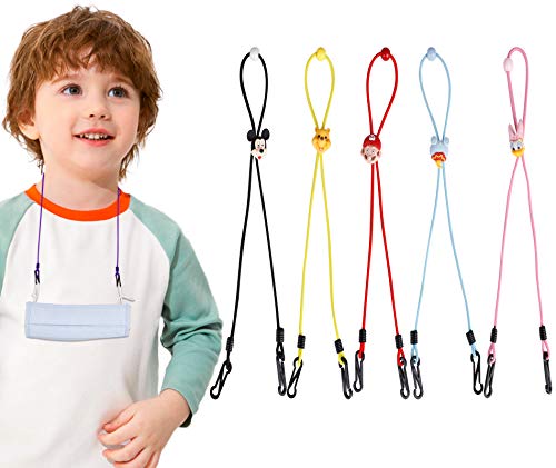 Kids Face Mask Lanyard Clips, 5 Pack Child Toddler Adjustable Cartoon Cute Length Strap Extender Eyeglass Holder Hanger Rest Gift for Boys Girls School Childrens, Convenient Head and Around The Neck