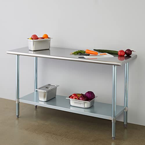 Image of ROCKPOINT Stainless Steel Table for Prep & Work 24x60 Inches, NSF Metal Commercial Kitchen Heavy Duty Table with Adjustable Under Shelf and Table Foot for Restaurant, Home and Hotel