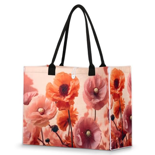 Pink Red Flowers Tote Bag for Women Large Beach Bag Reusable Tote Bags for Work Travel Beach Shopping