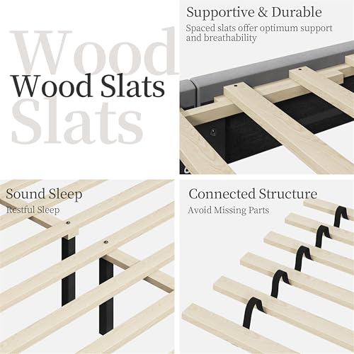 Yaheetech クイーン ベッドフレーム 布張りプラットフォームベッド ウィングサイド付き/木製すのこサポート/房付きヘッドボード ウィングサイド/マットレスファンデーション/ボックススプリング不要 ライトグレー クイーンベッド