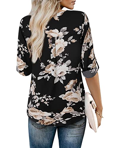 Youtalia Floral Chiffon Blouse, Ladies Casual Chiffon 3/4 Cuffed Sleeve V Neck Floral Blouse Tops Multicolor Black X-Large #TOP2