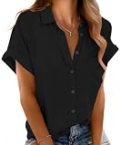 Mintreus Blouse Women Short Sleeve Casual Collared Shirts for Women Lightweight Loose Blouses Summer Tops for Work (Black-L)