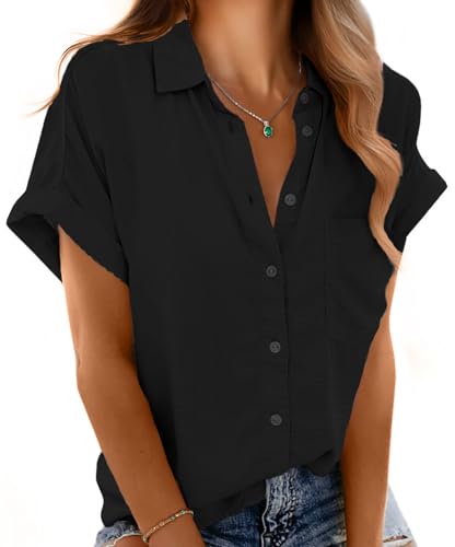Short Sleeve Shirts for Women V Neck Loose Collared Button Down Shirt Casual Summer Tops with Pockets Beach Blouse