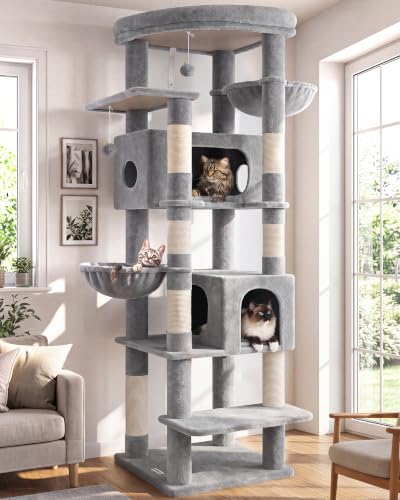 Image of Globlazer Heavy Duty Cat Tree, 74in Tall Sturdy Cat Tower for Large Cats Adult Big Cat Tree with 7 Scratching Posts, 2 Condos with Pad, 2 Dual-Ear Hanging Baskets, Enlarged Top Perch, S74, Light Grey