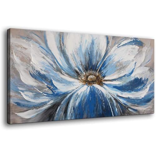 HNKDKJ Peintures bleues, blanches et grises, impressions sur toile, œuvre d'art de style chinois, décoration de salon, art mural floral, 25 x 50 cm/10 x 20 pouces - Cadre intérieur