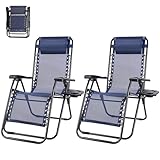 NEWBULIG Zero Gravity Chair Set of 2, Lounge Chair Folding Portable Adjustable Camping Reclining Chairs with Adjustable Pollow, Mesh Back, Cup Holder Trays Lawn Patio Chair for Pool Beach