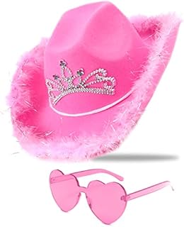 Cowboy Hat Pink Cowgirl Hat with Sequins & Tiara Crown for women Rodeo Party Hats with Heart Glasses