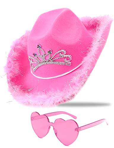 JICASTO Cowboy Hat Pink Cowgirl Hat with Sequins & Tiara Crown for Women Rodeo Party Hats with Heart Glasses