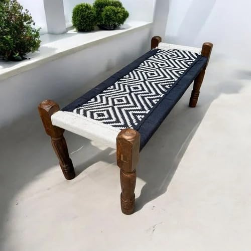 Image of Handwoven Wooden Bench | Traditional Rope Charpai Stool | Solid Wood Frame Seating for Living Room, Balcony & Outdoor | Durable & Stylish Design (Black & White Finish)