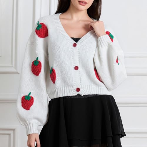 Ladies Single-Breasted Knitwear, Girls Leisure Style Strawberry V-Neck Puff Long Sleeve Knitted Coat Slim Cardigan2