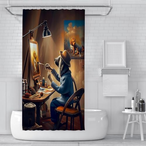 Rideau de bain design anime moderne chien peintre lavable avec crochets - 3