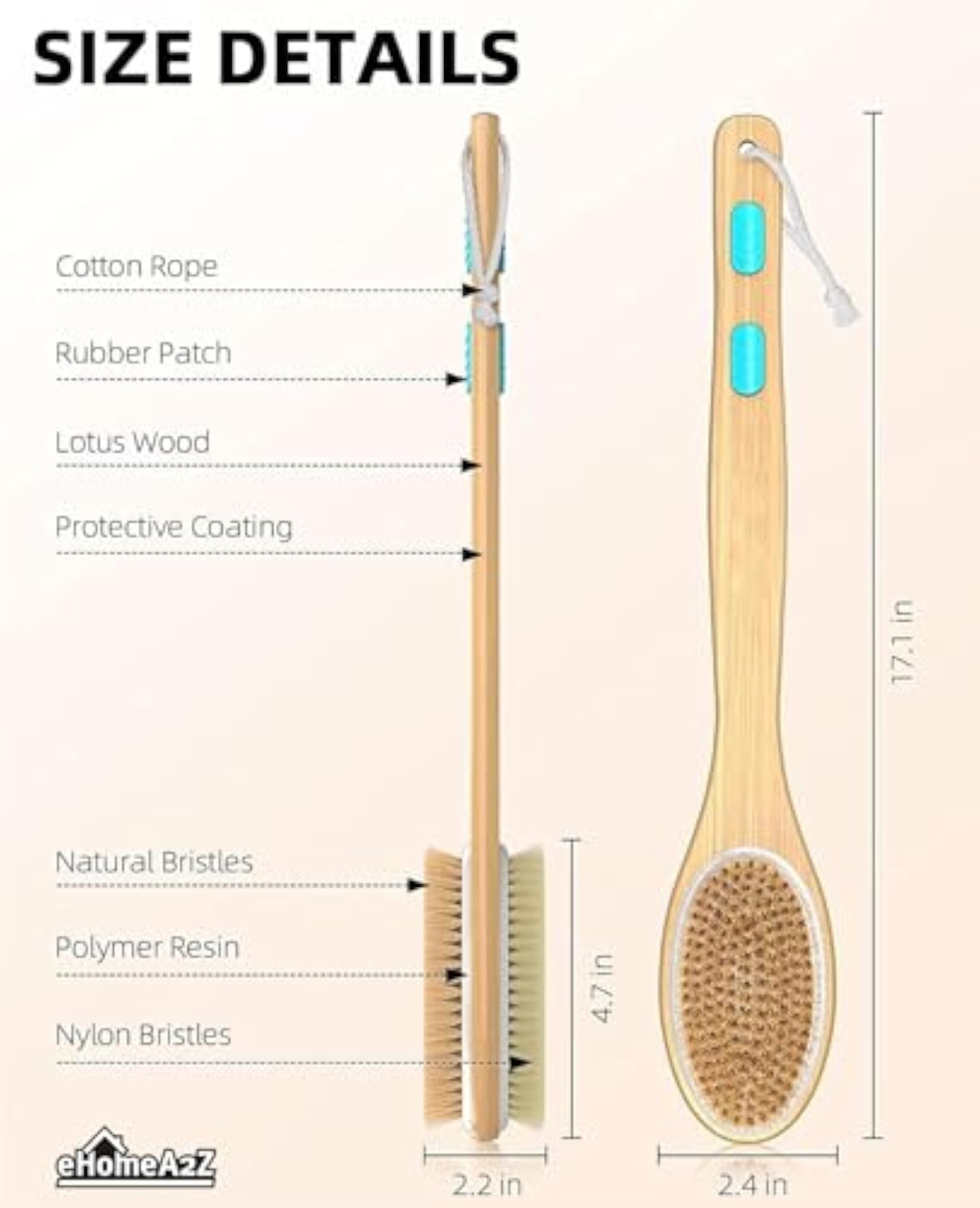 Dual-Sided Shower Cleansing Body Brush, Long Handle