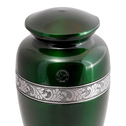 Image of Silver Engraved Aluminium Cremation Urn for Human Ashes Adult - Handcrafted Funeral Memorial Ash Storage Urn - Bag Included (Green, Keepsake - 70 Cubic Inches)