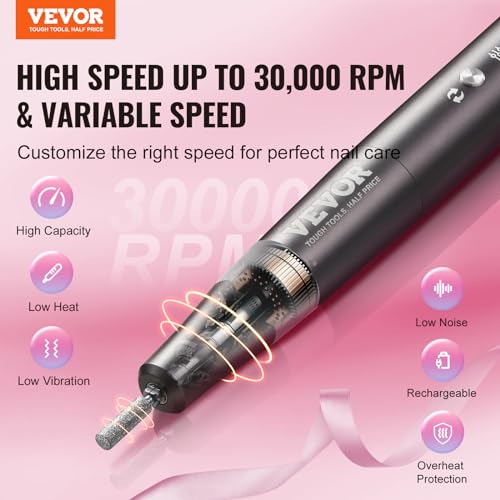 Image of VEVOR Electric Cordless Nail Drill, 30,000RPM Variable-Speed Rechargeable Nail E File Machine, Nail Surface Smooth, Portable Manicure Pedicure Polisher with 50PCS Sanding Bands for Dead Skin Removal