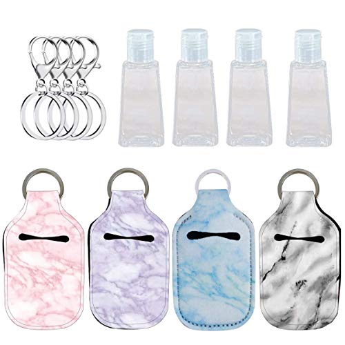 4 Pack Empty Travel Bottle and Keychain Holder, Refillable Containers Hand Sanitizer Holder Keychain with 30 ML Flip Cap Reusable Bottles for Soap, Lotion, Shower Gel with Keychain Carriers