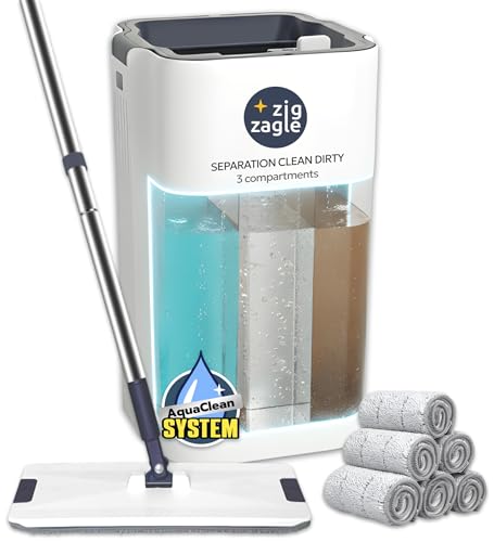 ZIG ZAGLE - Juego de Fregona y Cubo, Pure Water System, Separación Agua Limpia/Sucia: Ultra Higiénico, Limpieza Fácil, Compacto, Fregona Plana, Mopa Microfibra, Autolimpiable, Cubo Escurridor