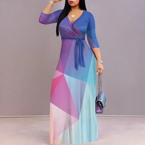 Image of PinkPatty Women's Print Maxi Dresses 3 /4 Sleeve Flowy Long Dress V Neck Wrap Tie Waist Sundress