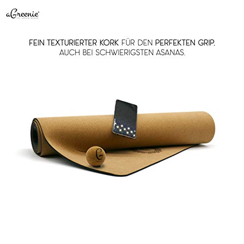 AGreenie® Premium Ecologische yogamat met tas,sport-, fitness-, gymmat van kurk en natuurlijk rubber, 4 mm, antislip, vrij van schadelijke stoffen, inclusief draagriem, massagebal en e-book - Image 4