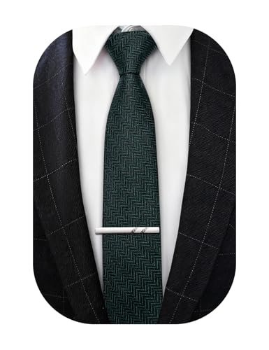Image of Barry.Wang Skinny Ties for Men Wool Blend Herringbone Necktie with Tie Clip | Tie and Tie Clip Set, Cashmere Wool Stripe, 2.76 x 63 Inches, Extra Long Slim, Wedding Work Party Classic