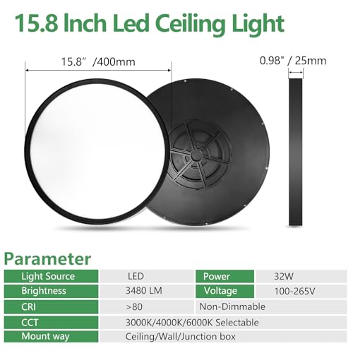 15.8Inch 2PK Black LED Flush Mount Ceiling Light,32W,3480LM,3CCT Selectable by FY WISDOM FLY LIGHTING - Used condition - Image 5