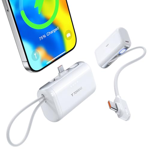 Image of TORRAS iPhone 16 Portable Charger, 5000mAh 22.5W Power Bank with Built-in USB-C Cable, Fast Charge Battery Pack for iPhone 17 /16 /15, Galaxy S25, Google for Travel Outdoor Hiking Backup Battery, White
