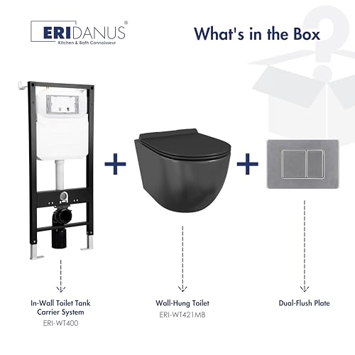 Wall Hung Toilet with Tank, Eridanus Wall Mounted Toilet Combo Set, In-Wall Toilet Tank Carrier, Dual-Flush Plate Included, Adjustable Floating Toilet Bowl With Soft-Close Seat, Matte Black