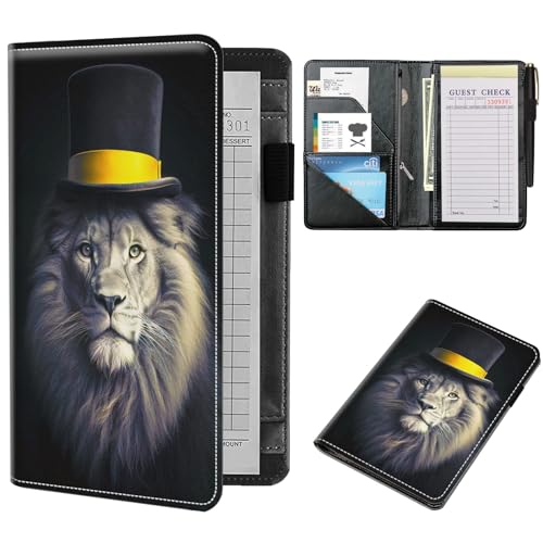 NLZQTTBD Server Book, Server Books for Waitress Compact Cute Waiter Receipt Book PU Leather Waitress Book with Zipper Pocket Cash Check Restaurant Bartender Server Apron Lion Hat