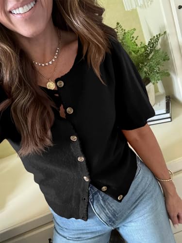 Saodimallsu Womens Puff Short Sleeve Cardigan Lightweight Summer Button Down Shirts Knit Crew Neck Sweater Tops3