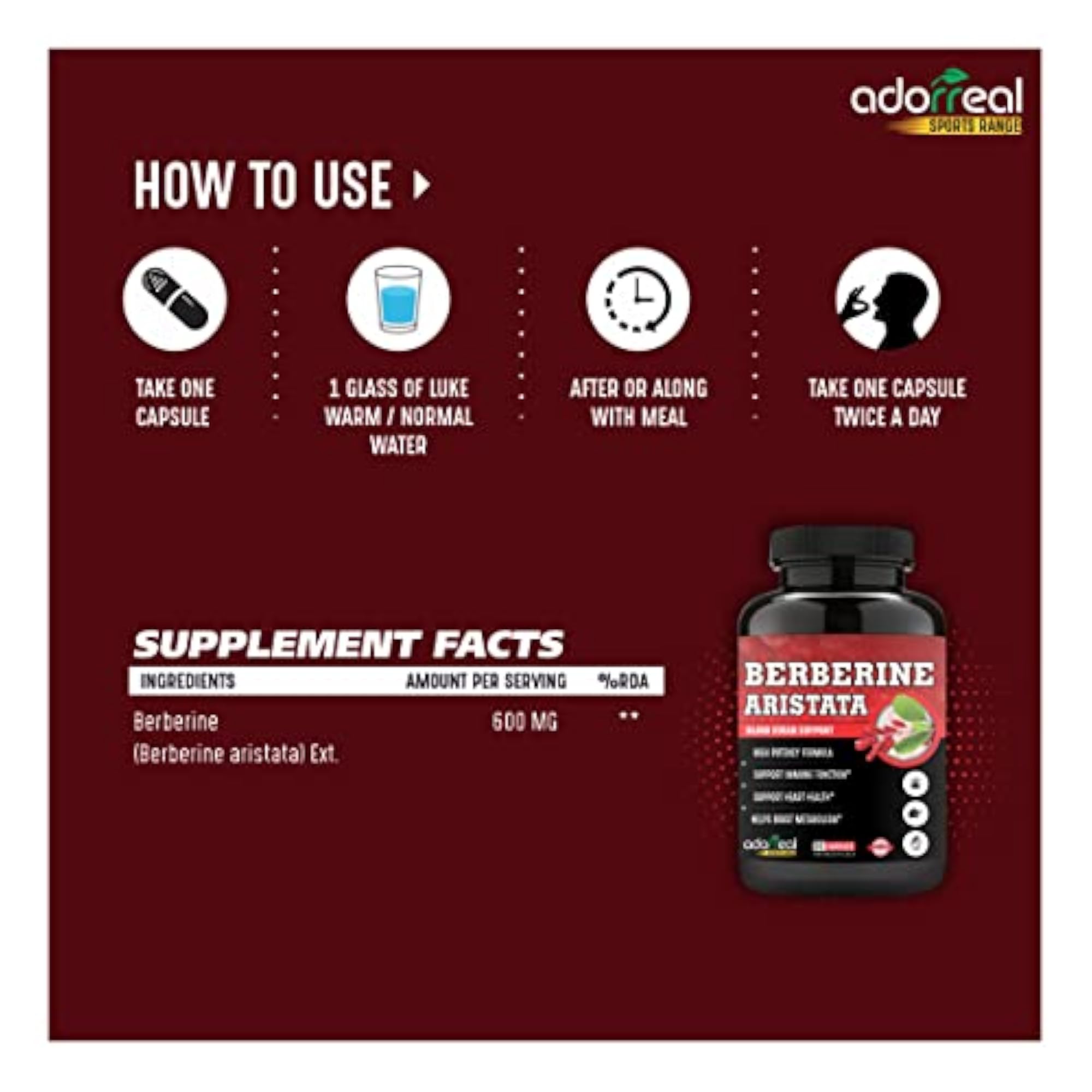Adorreal Berberine Aristata Metabolism Booster, 600mg