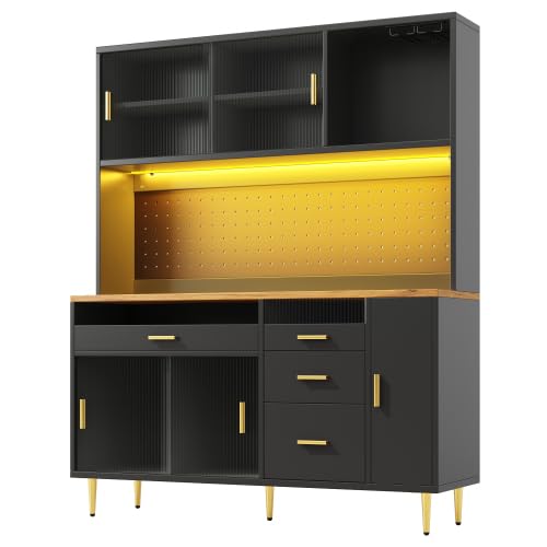 Armario alto para salón, iluminación LED, sistema de estanterías de altura ajustable, puertas correderas de cristal, botellero, solución de almacenamiento modular, negro, 145 × 39 × 171 cm