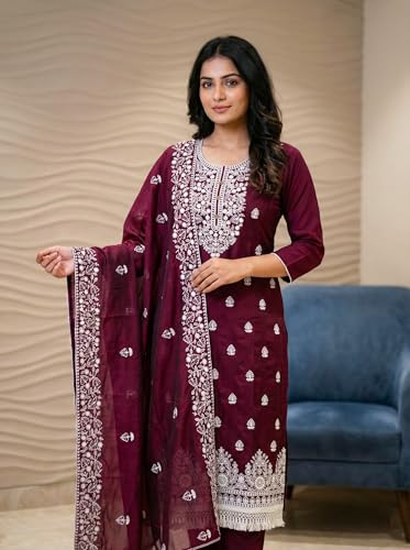 Leeza store Women's Chanderi Cotton White Embroidered Lucknowi Chikankari Style Salwar Suit Dress Material With Chanderi Cotton Dupatta