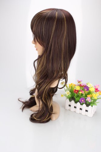 Liz Wig Dark Brown w/ Blonde Highlights Heat Friendly Long Curly Wavy Princess Cosplay Party Lolita Hair Wig 28'' 70cm (Dark Brown w/ Blonde Highlights)