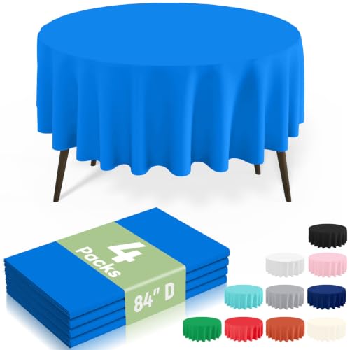 Image of misaya 4 Packs Disposable Plastic Table Cloth, 84 inch Round Waterproof Tablecloth, Leakproof & Sturdy Decorative Table Covers for Picnic, Party, Outdoor and Back to School, Blue