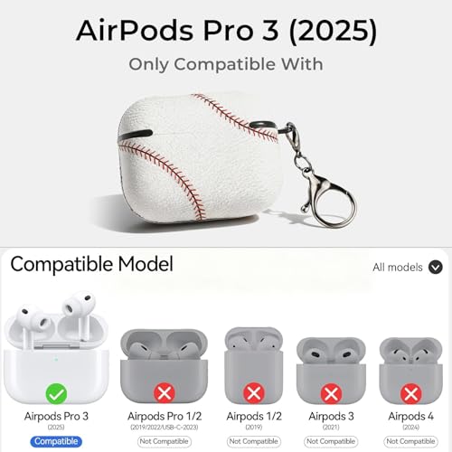 Image of Sport Baseball Case for AirPods Pro 3 Case 2025, Premium PU Leather Protective Cover with Keychain, Shockproof Hard PC Shell Skin for Men Women Boys (Baseball Pattern)