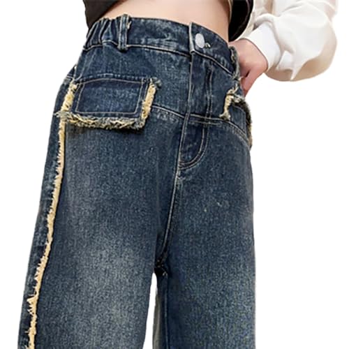 Tween Girls Fashion Baggy Jeans-Casual Raw Hem Elastic Waistband Wide Leg Loose Denim Pants with Pockets3
