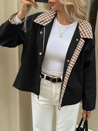 Tankaneo Womens Cropped Jacket Lightweight Casual Zip Up Barn Jackets Fall Contrast Plaid Outerwear Coat2