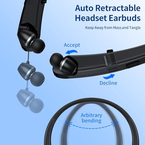 Image of Retractable Neckband Bluetooth Headphones, Noise Cancelling Earbuds with Built-in Mic, 18-24H Playtime Type-C Charging Wireless Sports Earphones for Running Workout Travel Office Call