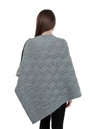 Image of SAOL Aran Poncho 100% Merino Wool for Ladies with Buttons V-Neck Shawl Cardigan