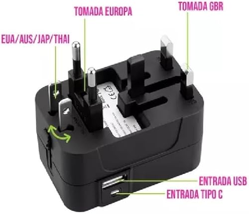Adaptador de Tomada Universal Bivolt (110/220V) Com 2 saídas USB (USB-A + USB-C PD). Funciona em Até