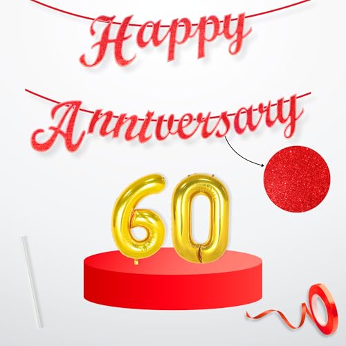 Image of Flyloons 60th Happy Anniversary Banner Red Decorations Kit for Men Women Wedding Anniversary Banner Items without Balloons Diamond Jubilee