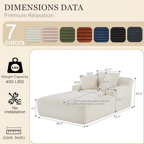Image of 80 Inch Chaise Lounge Chair Indoor, Oversized Corduroy Upholstered Boneless Sofa Bed, Deep Seat Sleeper Couch Reading Chairs, Cloud Sofas Couches for Living Room, No Assembly Required (Beige)