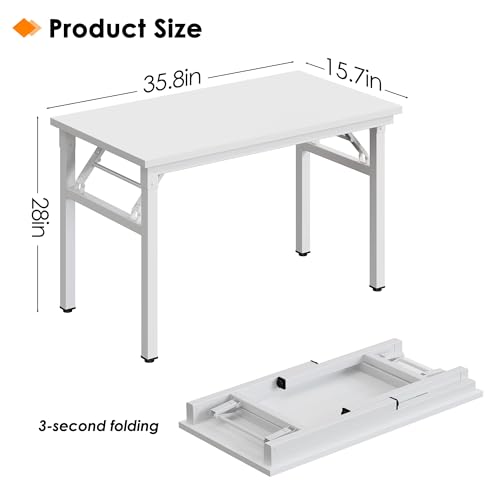Image of Need 35.8 Inch Folding Desk for Small Spaces, Home Office Computer Desk with Wood Top & Black Frame, Foldable Writing Table for Study, Bedroom, Dorm Room & Student, White